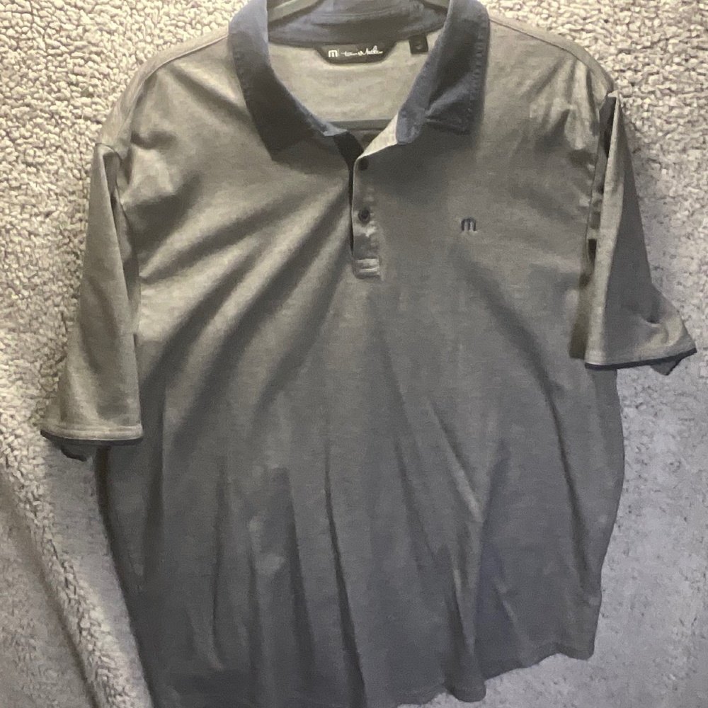 Travis Mathew Gray with blue collar polo golf shirt.  Size XXL